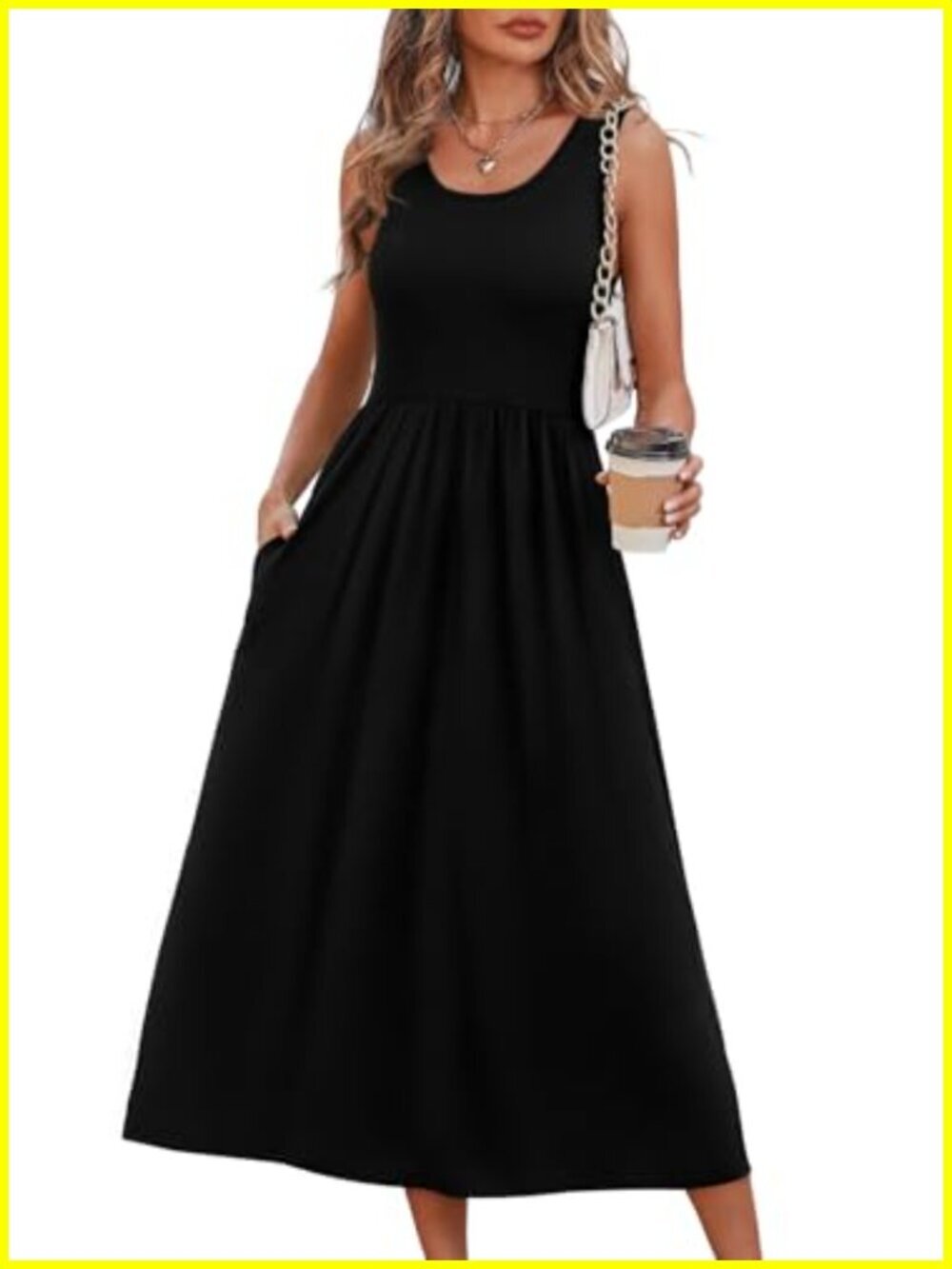 Flowy Midi Sundress with Pockets Sleeveless Scoop Neck Beach Vacation Dress